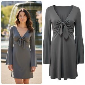 Susana Monaco Tie Front Flare Bell Sleeve Mini Dress Gray Small